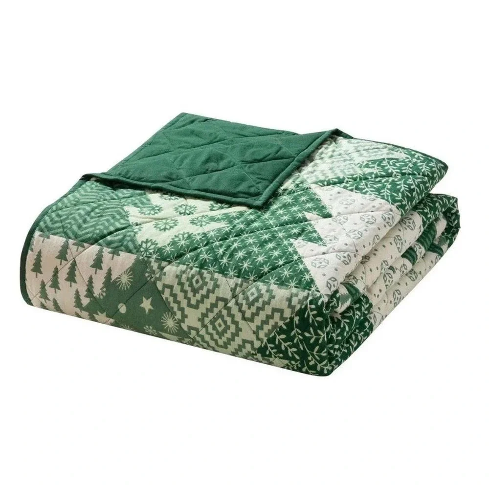 New! Hallmark 3-Piece Patchwork Holiday Quilt Sham Set Queen Green Tree Winter